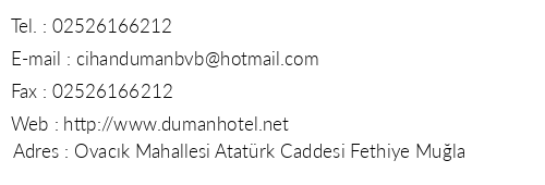 Duman Hotel telefon numaralar, faks, e-mail, posta adresi ve iletiim bilgileri